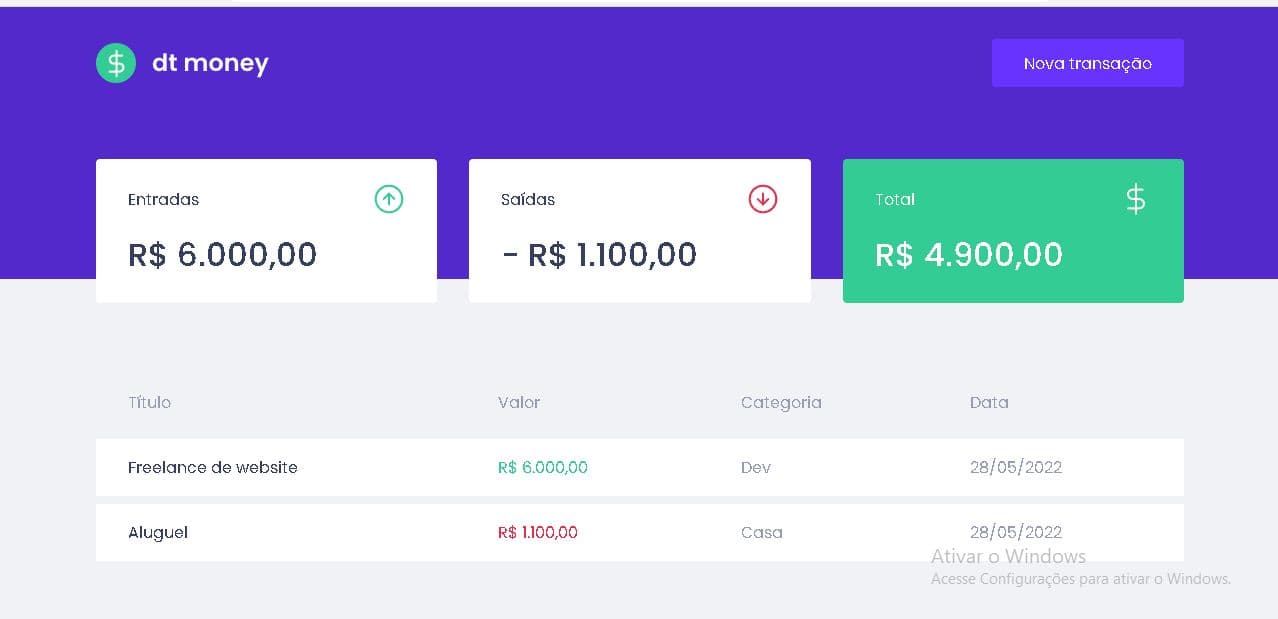 Tela inicial dtmoney
